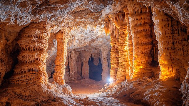 Inside dimly lit cave stunning stalactite stalagmite captured using wide aperture lens soft glowing light LED light painting accentuates texture symmetry of cave formations rich shadows creating depth