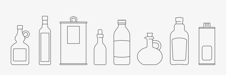 Oil container line icons set. Glass bottles and olive oil jars. Vector illustration