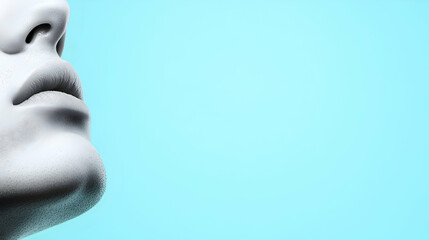 Closeup Profile of a Woman's Face with Textured Skin Against a Light Blue Background