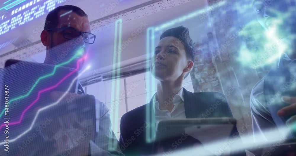 Poster three professionals examining business data display, interacting with tablet, line graphs and code