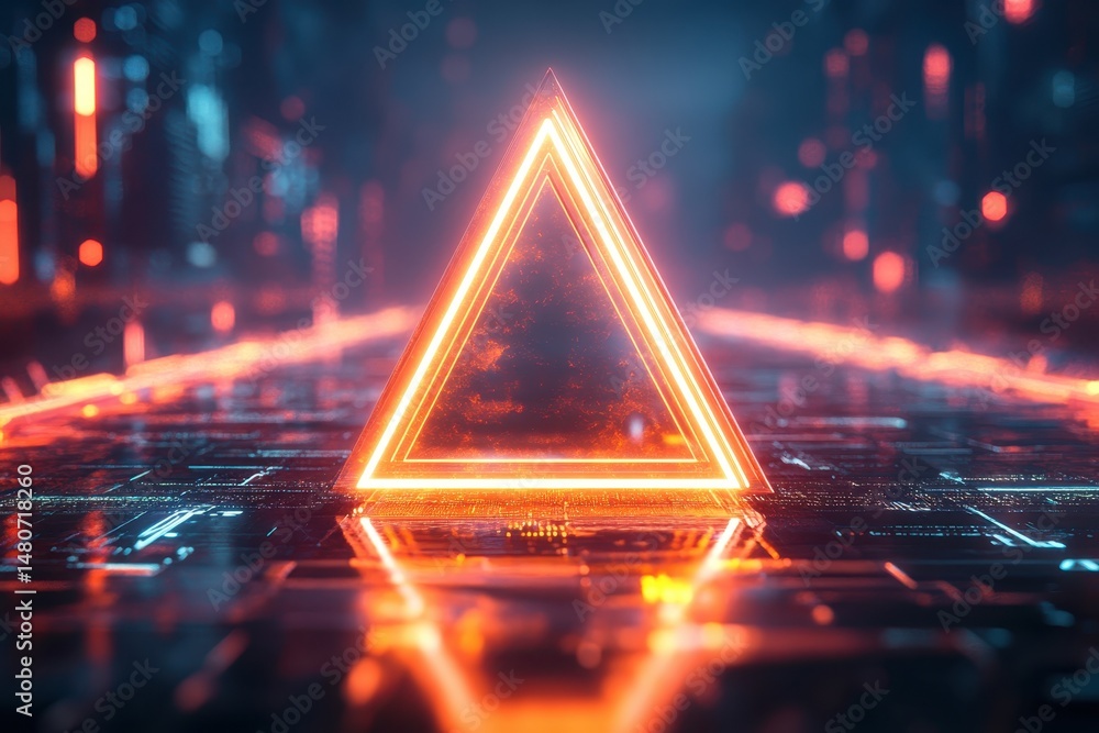 Poster vivid neon triangle illuminating a modern hallway, creating a captivating atmosphere during nighttim