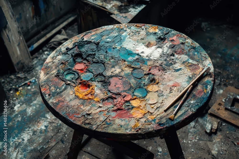 Poster vivid colors and textures on an artist's paint-stained table in a rustic studio filled with creative