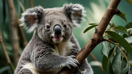 Obraz premium Australian Koala Wildlife Photography: Iconic Gray Fur Mammal in Leafy Habitat - Endangered Species Conservation and Nature Portrait