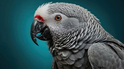 Fototapeta premium African Grey Parrot Macro Portrait: Stunning Wildlife Photography of Rare Exotic Pet Bird with Beautiful Feathers and Vibrant Background