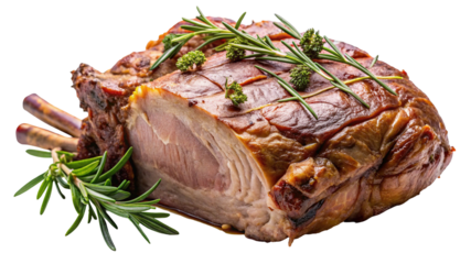 Delicious roasted pork loin roast recipe with rosemary and herbs for dinner preparation on transparent background