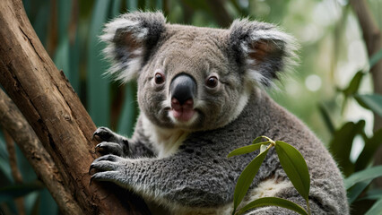 Obraz premium Playful Koala in Forested Australian Suburb: Close-Up Wildlife Photography of Cute Tree-Climbing Mammal