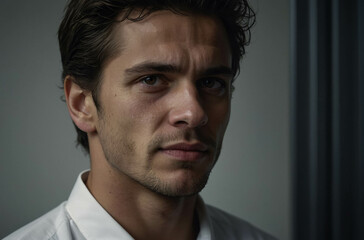 Obraz premium Serious Expression of a Handsome Male Model in Modern Fashion Photography with Dramatic Studio Lighting and Expressive Eyes