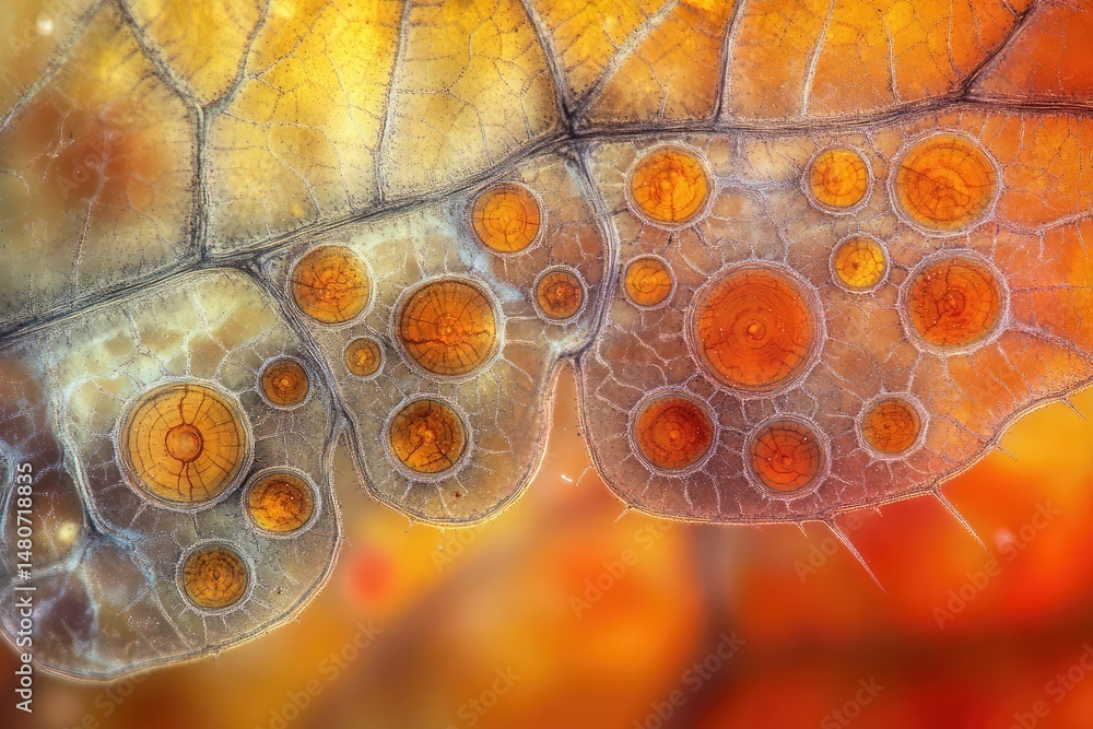 Poster macro shot of a leaf with circular structures, showcasing its intricate cellular composition and vib