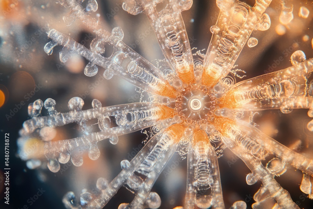 Poster abstract macro shot of a symmetrical, radiating crystalline structure with intricate details and glo