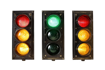 Three traffic lights show red and yellow on the sides and green in the middle on black