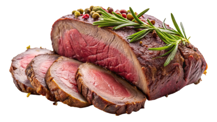 Delicious roast beef sliced with rosemary and peppercorns gourmet food photography close up shot on transparent background