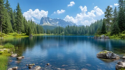 Fototapeta premium Pristine alpine lake nestled amidst towering pine trees.