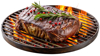 Juicy grilled steak on bbq with rosemary and pepper, delicious bbq meat cooking steak fire on transparent background