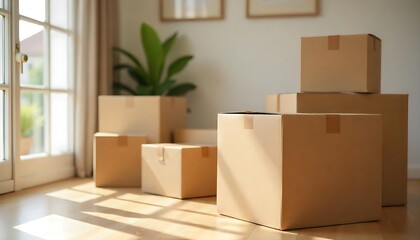 Cardboard boxes packed and shifted in new home with house view in background created with generative ai
