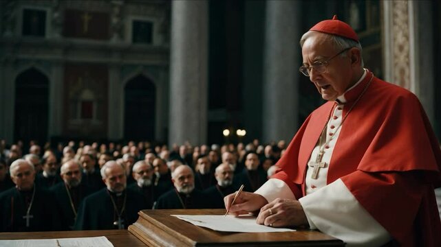 Catholic cardinal standing by the altar, holding a folded ballot as he prepares to cast his vote during the papal conclave. 