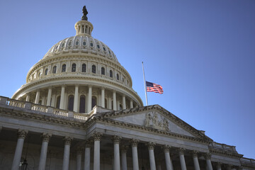 Obraz premium Washington, DC is the capital of the USA. The state capitol buildings in Washington, DC. The Congress in Washington, DC. American flag waving. The Capitol Hill in Washington, DC.