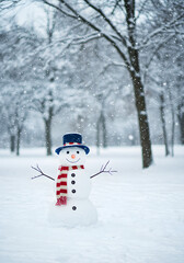 Obraz premium A delightful snowman adorned with a top hat and scarf, standing amidst a serene snowy landscape with snowflakes gently falling.