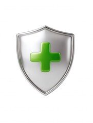 Fototapeta premium Silver shield emblem with a vibrant green cross centered represents health safety and protection on a clean white background providing a sense of security.