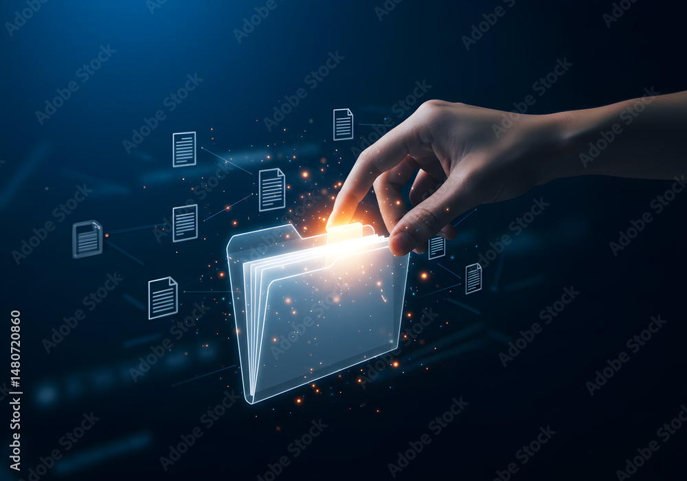 Poster digital document management system concept hand reaching for folder data storage cloud computing sec