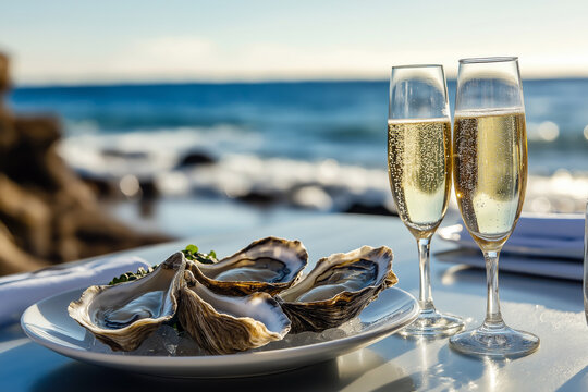 Elegant seafood restaurant by the ocean with fresh oysters and champagne.