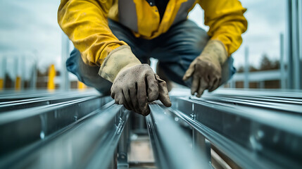 Worker Installing Metal Rails