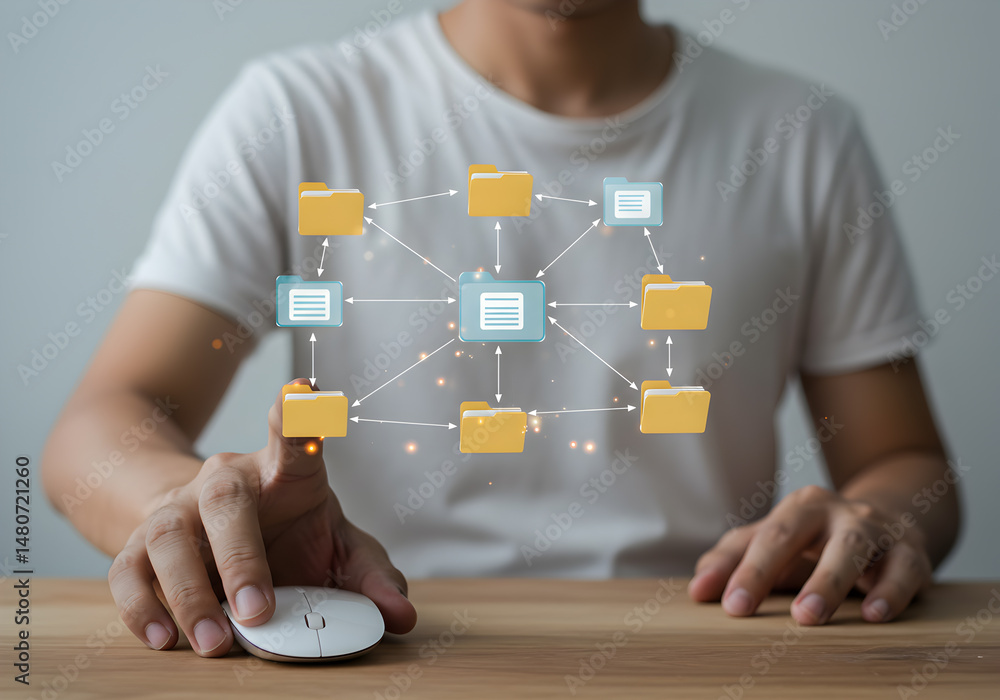 Aufkleber man using a computer mouse interacts with a network of digital files and folders showcasing data man