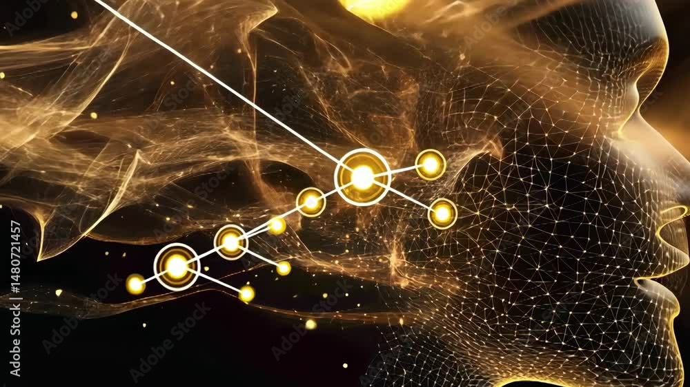 Poster human face with digital network of connections in profile, representing future technology and data f