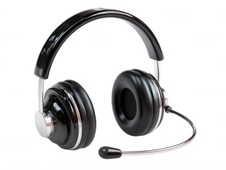 Glossy black and silver headset with microphone boom is displayed against a white background, ideal for communication, gaming, or professional use in offices.