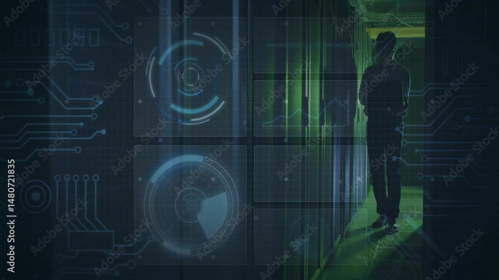 Aufkleber it technician walking through data center corridor, showing hud charts with circuit overlays