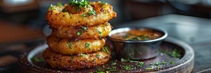Deliciously crispy golden fritters stacked high with a flavorful dipping sauce on the side, perfect for sharing.