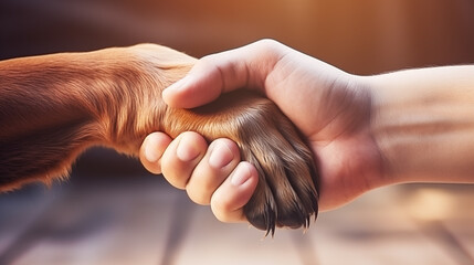 Dog and human shaking hands in warm sunlight indoors  