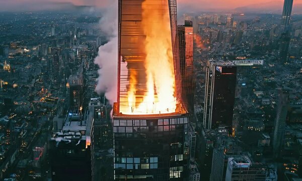 A tall building on fire in the middle of a city at night