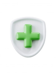 Obraz premium Green medical cross within a clean white shield illustration symbolizes safety, health, and well-being on a white background indicating security and protection.