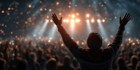 Concert Crowd Ecstasy: A lone figure with arms raised high, silhouetted against a brilliant stage light, captures the exhilarating energy of a massive concert crowd.
