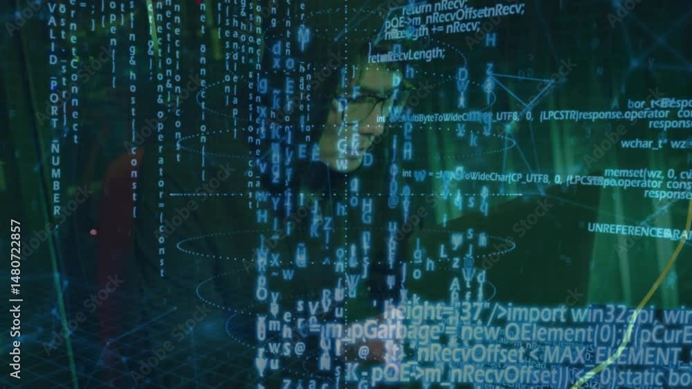 Poster man with glasses working at dark tech workstation, interfacing with holographic code streams
