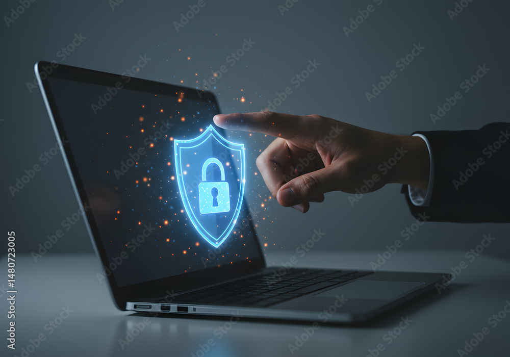 Poster cyber security on laptop concept digital data protection privacy and network security concept design