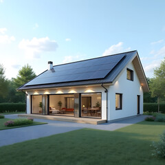 Eco-Friendly Home with Solar Panels on the Roof