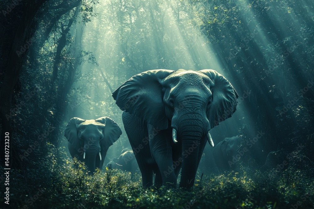 Poster herd of elephants walking through a sunlit forest with golden light illuminating the lush greenery i