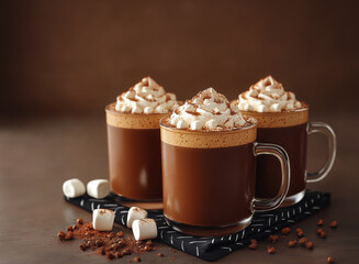 Cups aromatic hot drink cocoa coffee chocolate with marshmallows Christmas background, surrounded cocoa beans, marshmallows, cinnamon. Place text, greeting card, banner, holiday, romance
