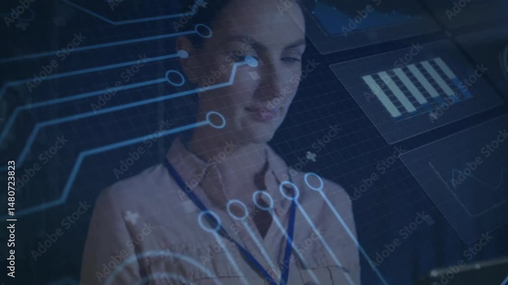 Poster female standing behind holographic interface in tech lab displaying glowing circuits and bar charts