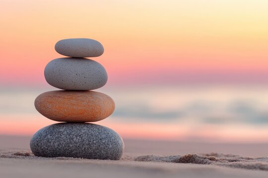 A stack of four smooth stones balanced on a sandy beach at sunset, evoking peace and mindfulness.