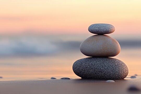 Balanced stones gracefully stacked against a soft sunrise backdrop, embodying tranquility and harmony on a serene beach setting.