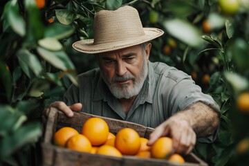 Farmer sorting oranges