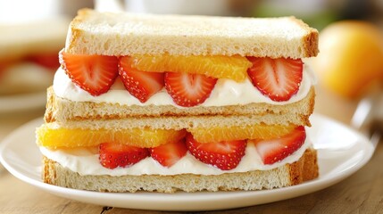 Light and airy fruit sandwiches with alternating strawberry and orange slices in thick cream on soft bread