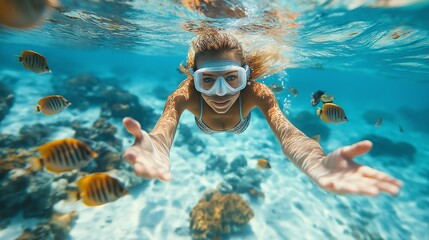 Fototapeta premium Snorkeling woman above coral reef