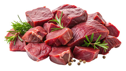 Fresh raw beef cubes with rosemary sprigs for grilling and cooking delicious meat dishes on transparent background