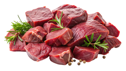 Fresh raw beef cubes with rosemary sprigs for grilling and cooking delicious meat dishes on transparent background