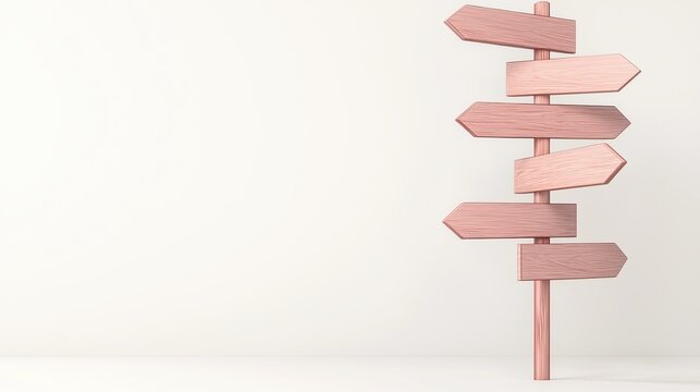 Empty directional wooden sign with six arrows pointing in different directions on neutral backdrop