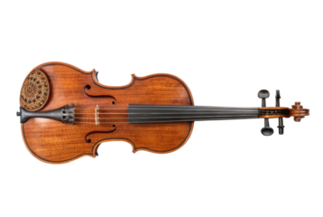 PNG Elegant wooden violin on black background with intricate tailpiece design