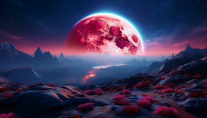 Sci-Fi landscape Red-pink planet on the horizon of a mountainous, rocky area at night
